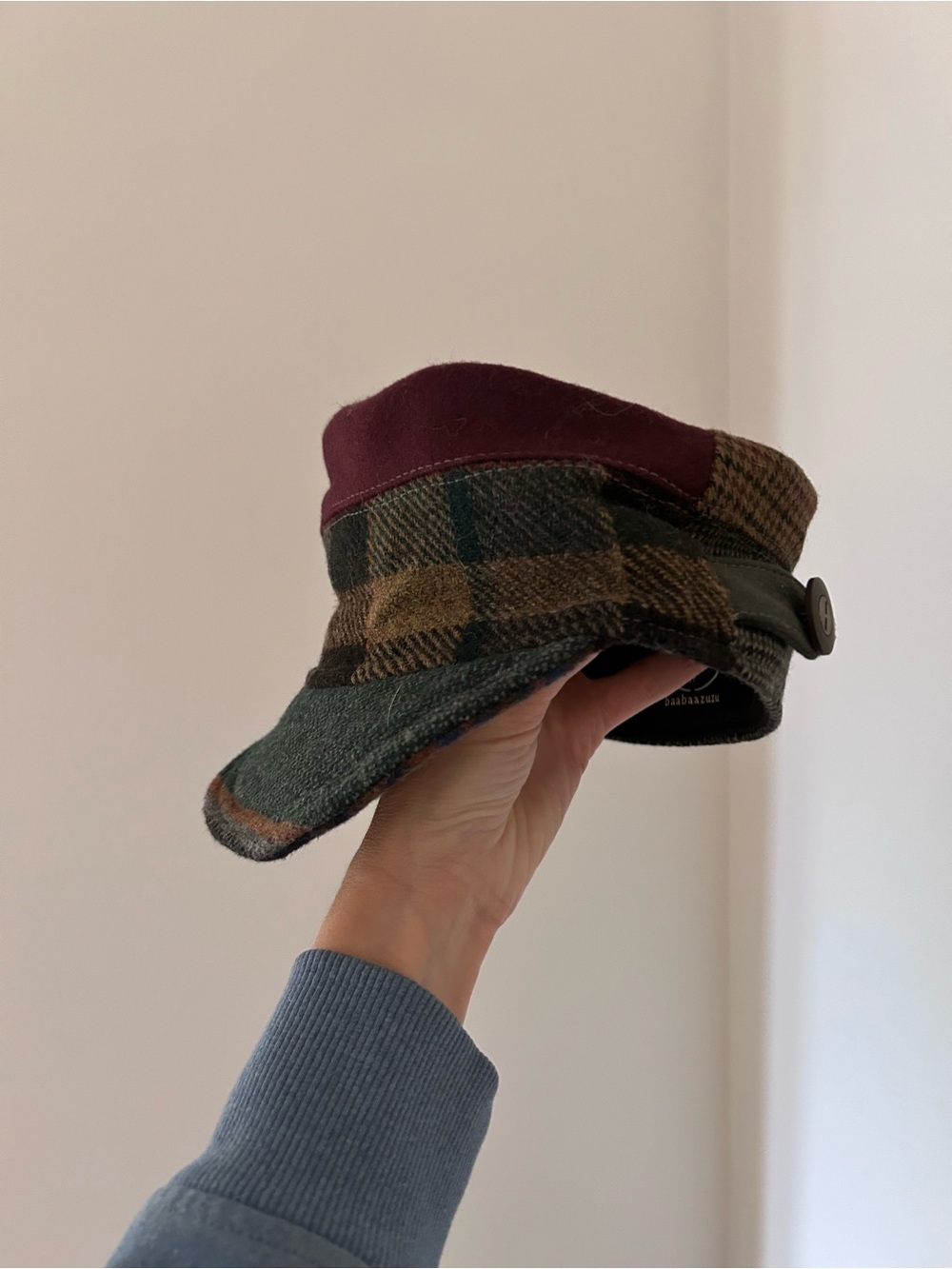 Plaid Wool Blend Cadet Cap in Burgundy and Olive